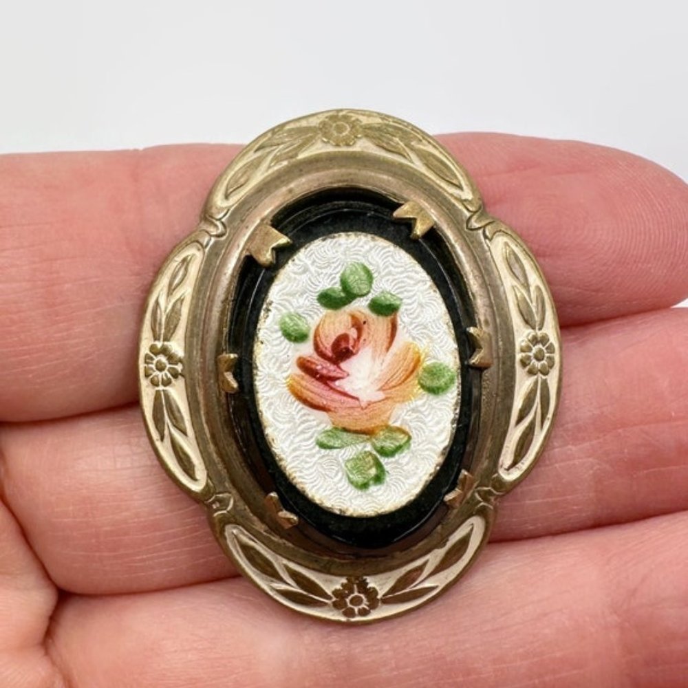 Rose Brooch, Guilloche, Enamel, Vintage Pin, Pink, Gold, Black, Green, Flower